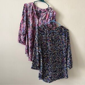 NYDJ Set of Two Geometric Abstract Career Blouses 1/2 button Down Women’s Sz PL